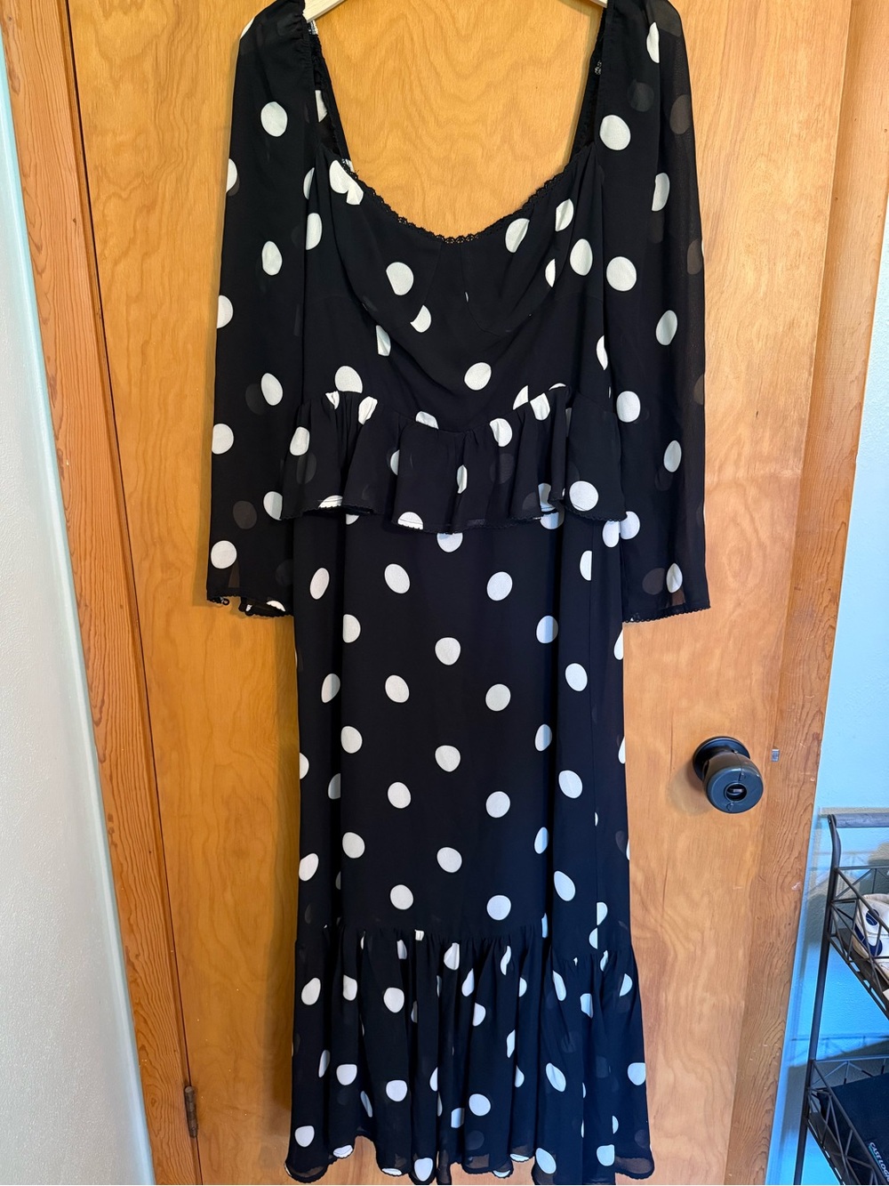Reformation Zandra Midi Dress Polka Dot Size 10 Peplum Bodice Black White